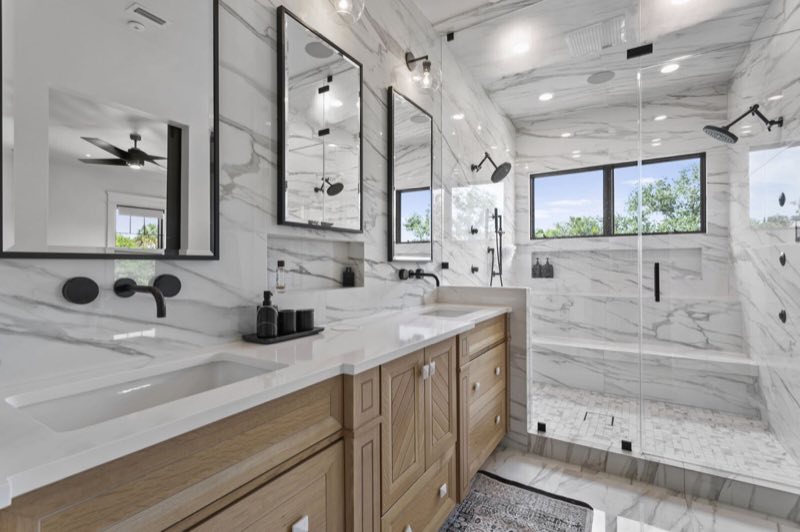 Primary bathroom with marble shower