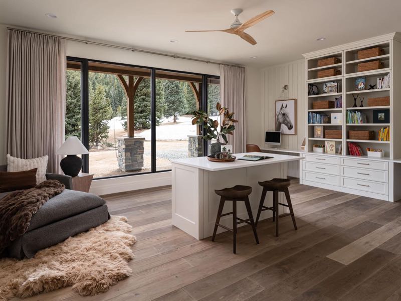 Children’s study with a window seat and built-in shelving